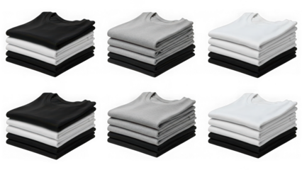 Collection of neatly folded t-shirts in various colors isolated on transparent background