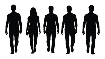 a row of five human figures walking forward presented as a dark silhouette