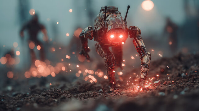 Bipedal assault robot with glowing red eyes on devastated battlefield of the post-nuclear war future