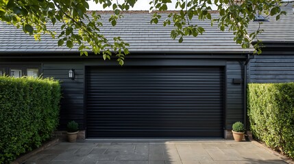Modern Residential Garage with Black Roller Shutter Door