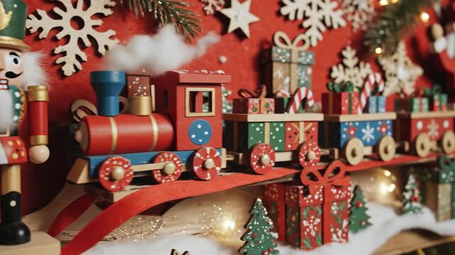 Festive holiday display featuring nutcracker figure and decorative elements