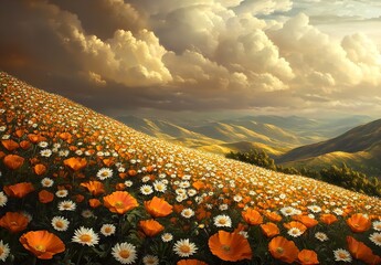 Vibrant Orange Poppies and White Daisies in a Rolling Hills Landscape Under a Dramatic Cloudy Sky