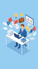 Isometric Businessman Working on Laptop with Flying Business Elements