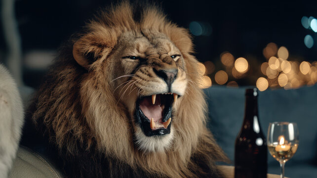 Drunk aggressive lion shouting in a restaurant
