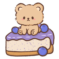 Cute kawaii teddy bear sitting on top a blueberries cheesecake pastel dessert illustration sweet playful character for bakery clipart and stickers