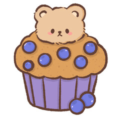 Cute kawai bear sitting on blueberry muffin sweet dessert illustration pastel bakery teddy bear clipart for stickers cards prints planners and digital