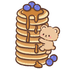 Cute kawaii teddy bear climbing on a stack of pancakes with blueberries pastel dessert illustration sweet playful character for bakery clipart and stickers
