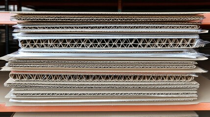 A close up of many stacked layers of robust multi layered corrugated cardboard sheets