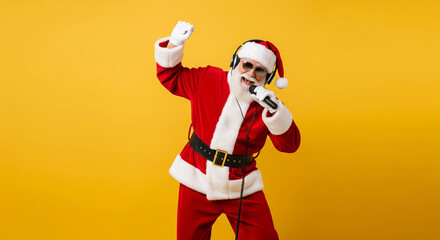 Caucasian man dressed as Santa Claus singing karaoke with headphones and a microphone. Festive Christmas entertainment on yellow. copy space