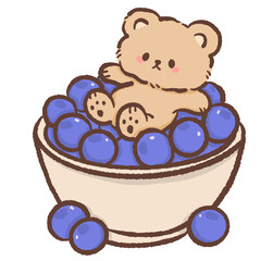 Cute Kawaii Bear Relaxing In Blueberry Bowl Sweet Dessert Illustration Adorable Teddy Bear Food Art Pastel Bakery Style Clipart For Stickers Prints Cards And Digital Design Use