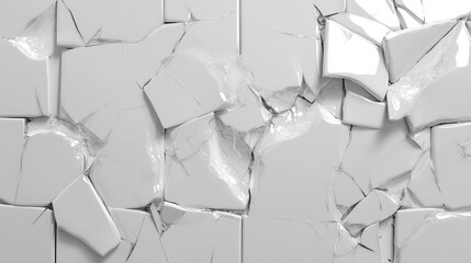 A close up view of shattered white ceramic tiles forming a mosaic of irregular fragments with sharp edges and varying depths creating an abstract textured background