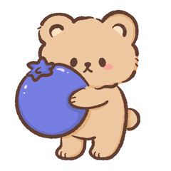 Cute kawaii teddy bear hugging giant blueberry soft pastel dessert illustration sweet bakery character perfect for stickers clipart prints nursery decor