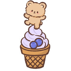 Cute kawaii teddy bear balancing on blueberry ice cream cone pastel dessert illustration sweet playful character for bakery clipart and stickers