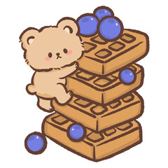 Kawaii teddy bear climbing waffle stack with blueberries cute dessert illustration playful breakfast food art bear character for stickers clipart sweet
