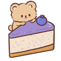 Kawaii teddy bear leaning on blueberry cheesecake cute dessert illustration soft pastel bakery style sweet bear character for stickers clipart