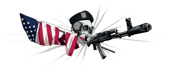 An angry, emotional warrior skull in a beret with a US flag and an AK assault rifle in the background.