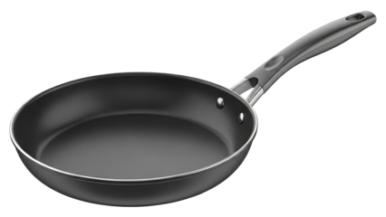 Black non stick frying pan with handle on white background, kitchen cookware