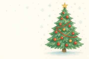 Watercolor christmas tree with star and ornaments isolated on light background. concept of festive holiday spirit, seasonal decoration, winter celebration, copy space