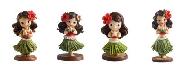 Four charming hula girl figurines with red hibiscus flowers detailed skirts and gentle poses on transparent background