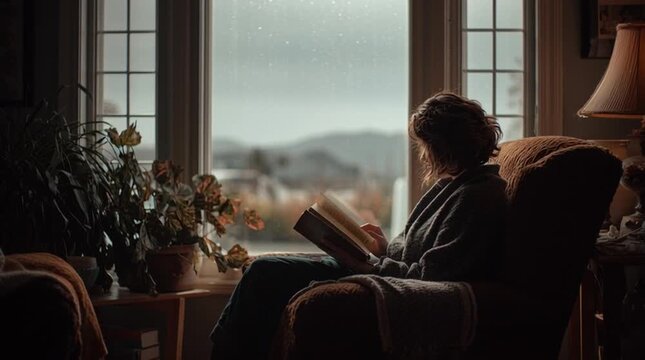 Person sitting in a cozy armchair by a large window, fully absorbed in a paper book. Calm, slow moment with natural light, no phone visible, promoting focus and offline reading.
