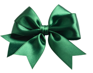 A lush, emerald-green satin bow tied in the center, with overlapping loops and flowing tails