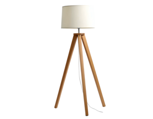 Wooden tripod standing lamp with fabric shade