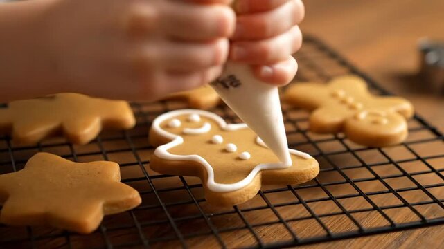 Child making gingerbread house cookies for Christmas, cutting and decorating with sprinkles and icing, close up video.