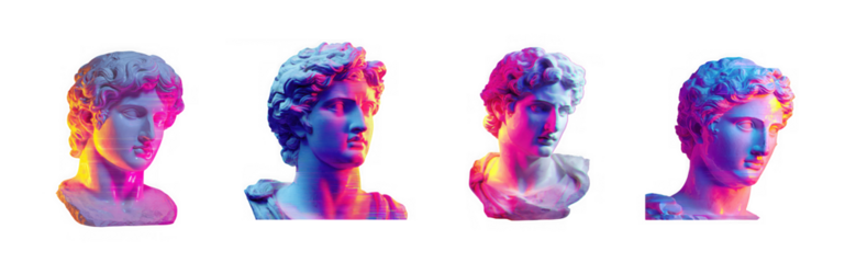 Four vibrant and colorful neoclassical busts of david displayed in a row on transparent background