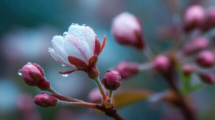 Water droplets cling to a blooming flower and closed buds in a garden setting during spring. The scene captures fresh growth and nature's details.
