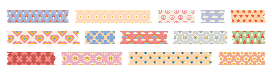 Washi tape stripes set. Vector adhesive tapes with groovy trippy elements. Trendy colored decorative scotch tape with ragged edges. Perfect for scrapbooking, collages, stickers