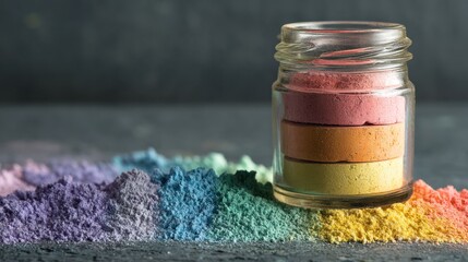 A jar of colorful powder is on a table. The colors are bright and vibrant, creating a cheerful and lively atmosphere