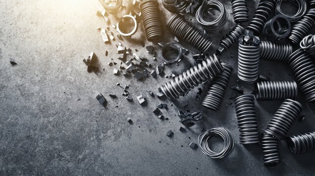 An assortment of metallic industrial springs and metal scraps scattered across a textured surface with sunlight casting shadows
