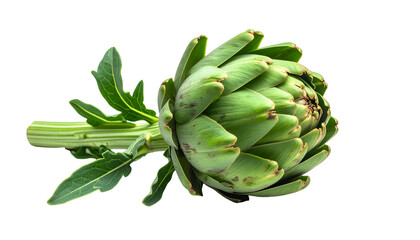 A fresh, green artichoke rests on a stem with leaves against a stark black background