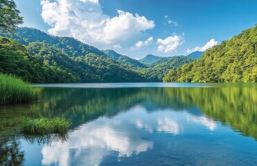 Serene lake surrounded by lush green mountains and trees under a clear blue sky with fluffy white clouds.