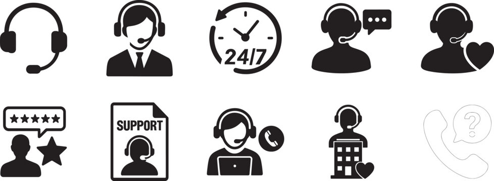   Customer support call center icon set for service, help desk, hotline, CRM, vector EPS.