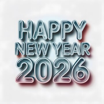 Happy New Year 2026 celebration with shiny text on white background