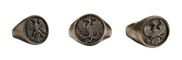 Three vintage bronze rings with an eagle heraldry design presented from different angles on transparent background