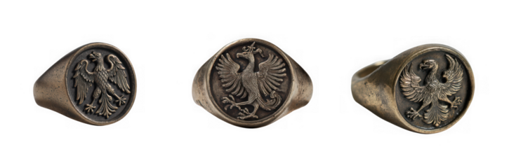 Three vintage bronze rings with an eagle heraldry design presented from different angles on transparent background