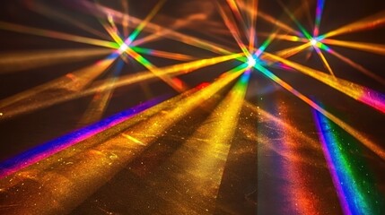 Bright beams of rainbow spectrum light refract through a prism creating a vibrant and abstract pattern of colors on a textured surface