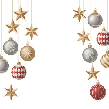 Festive Christmas ornaments and stars hanging on strings, perfect for holiday decoration
