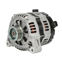 Obraz premium A detailed automotive alternator with a metallic finish, featuring a circular pulley and intricate winding visible through a mesh casing, isolated on white background, transparent background.