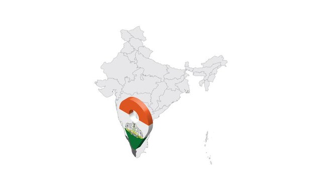 Location Kerala on map India. 3d Kerala emblem map marker location pin. Map of India showing different parts. 4K.  Animated Video