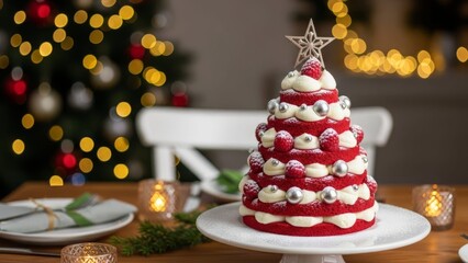 Red Velvet Christmas Tree Cake with Whipped Cream and Holiday Lights
