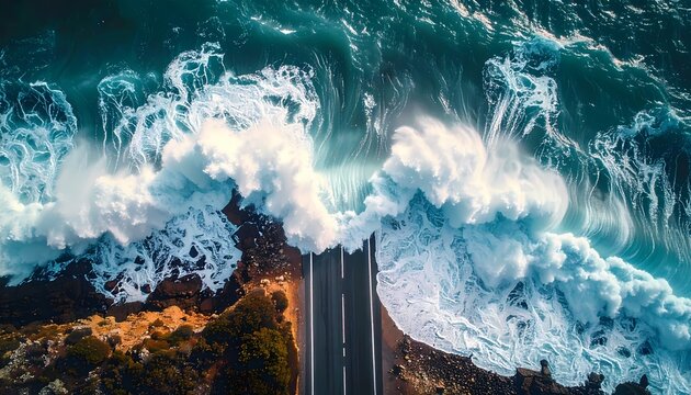 Dramatic Aerial View of Ocean Waves Crashing Over a Coastal Road During a Storm.