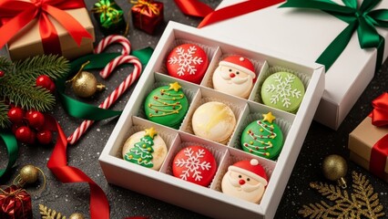 Christmas Macaron Gift Box with Festive Holiday Decorations