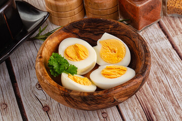 Boiled chicken eggs with bright yolk