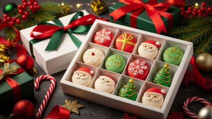 Christmas Macaron Gift Box with Festive Holiday Decorations
