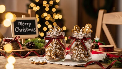 Handmade Christmas Cookies in Rustic Glass Jars with Festive Holiday Decor