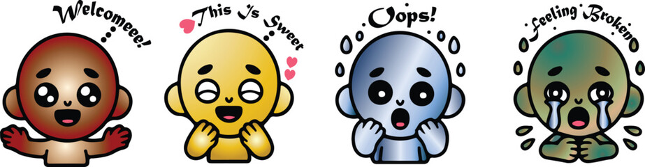 Vector Set Cute Emotional Character Stickers for Messenger Chats, Apps & Social Media.