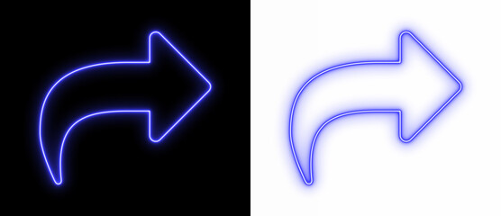 Curved blue neon arrow pointing right on black and transparent backgrounds, bright directional outline icon for navigation and UI design